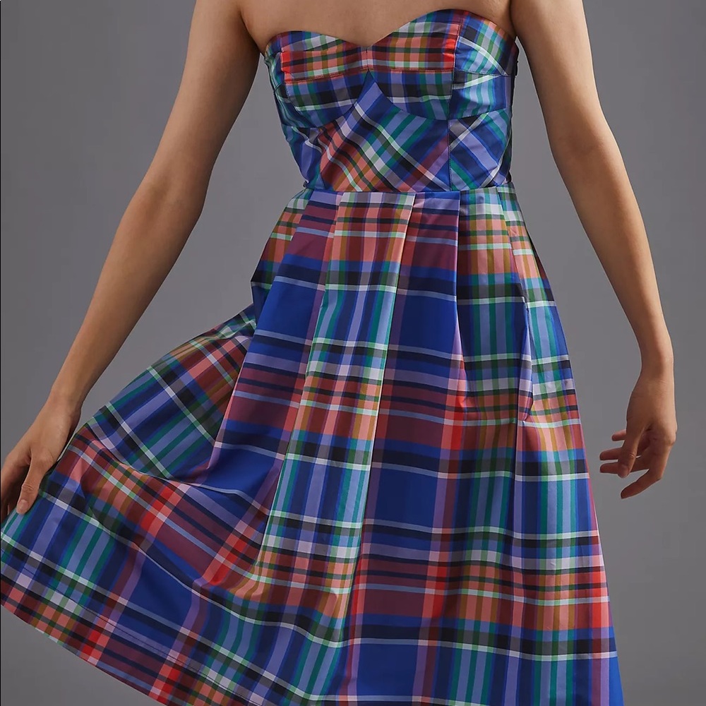 Anthropologie Blue Plaid Strapless Mini Dress